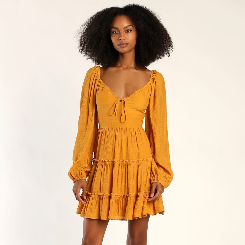 NWT Lulus Tender Memories Yellow Tiered Ruffled Balloon Sleeve Mini Dress